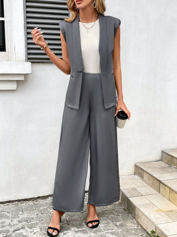 Women's Summer Sleeveless Padded Jacket And Formal Pants Suit Set