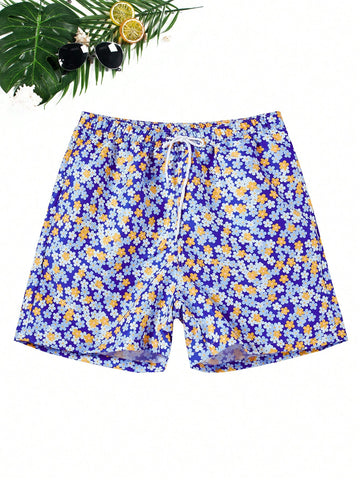 Men's Floral Print Drawstring Beach Shorts