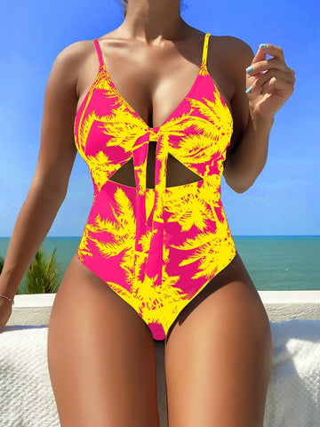 Coconut Tree Print Color Block One-Piece Swimsuit With Hollow Out & Thin Shoulder Straps