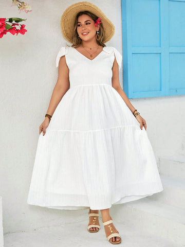Plus Size Textured Beach Style Dress With Knot Detail