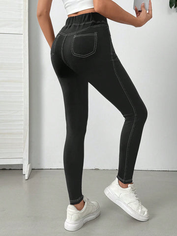 Women's Summer  Knitted Solid Color Contrast White Line Decorative Pocket Casual Leggings