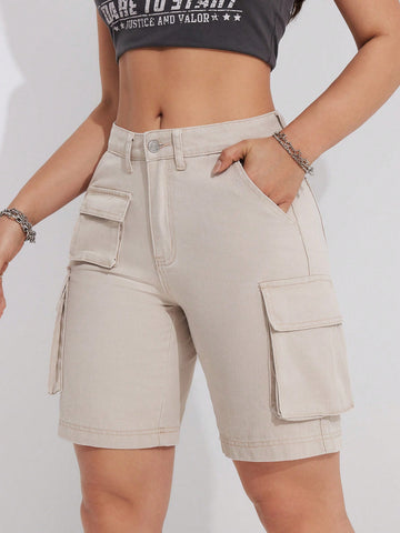 Ladies' Solid Cargo Denim Shorts