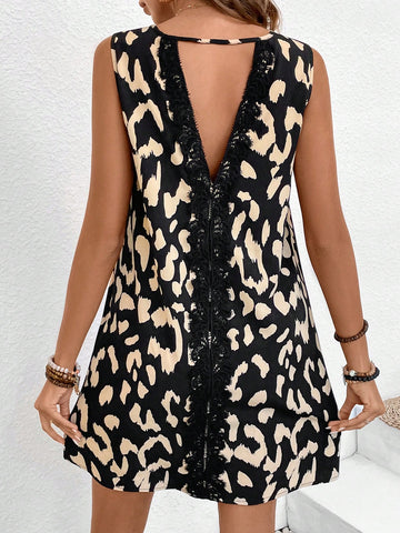 Women's Leopard Print Sleeveless Dress With Lace Detail And Open Back