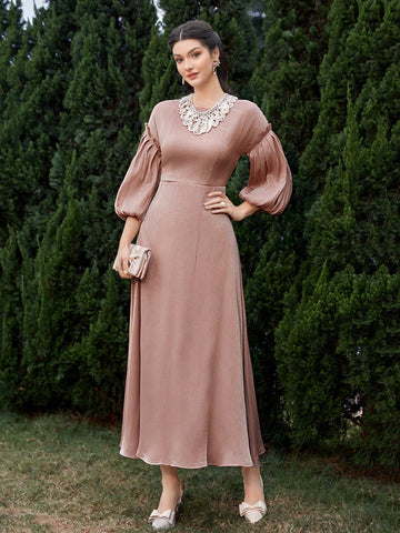 Women's Patchwork Lantern Sleeve Arabic Style Maxi Dress With Ruffle Trim