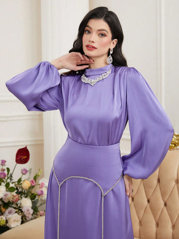 Women's Stand Collar Lantern Sleeve Arabesque Dress With Rhinestone Embellishment
