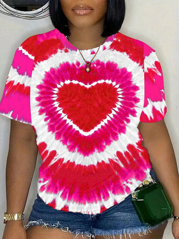 Plus Size Valentine's Day Love Heart Tie-Dye Printed Short Sleeve T-Shirt