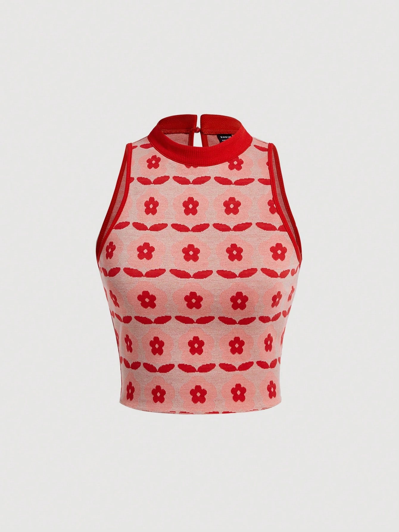 Red Vintage Flower Pattern Knit Women's Tank Top For Summer