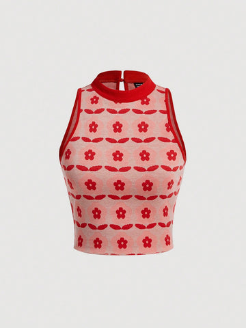 Red Vintage Flower Pattern Knit Women's Vest