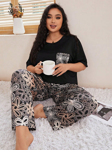 Plus Size Black Top & Pants Pajama Set With Front Pockets For Casual Wear