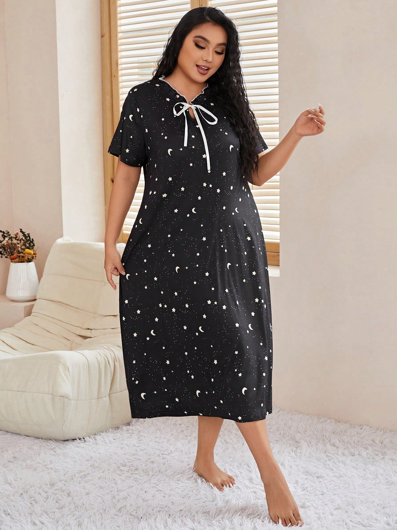 Plus Size Sleep Dress With Turtleneck And Star & Moon Print