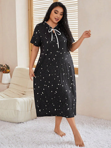 Plus Size Sleep Dress With Turtleneck And Star & Moon Print