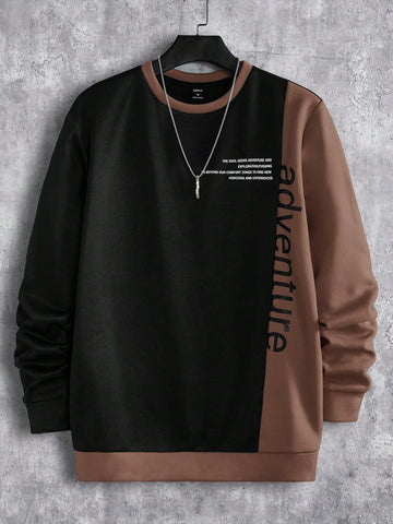 Men's Round Neck Sweatshirt With Slogan Print And Color Blocking Design