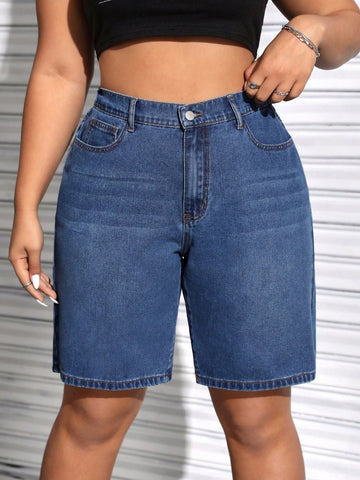Plus Size Slanted Pocket Washed Denim Shorts