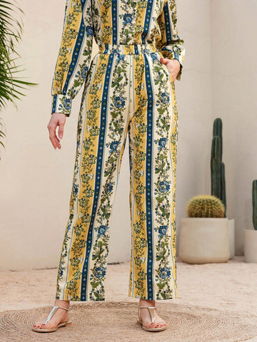 Women's Floral Print Slant Pocket Long Pants