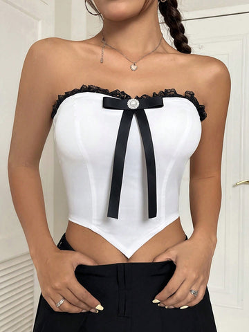 Contrast Color Bowknot & Lace Decorated Short Length Strapless Top
