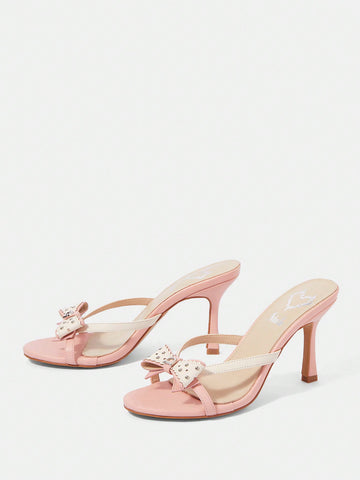 Women's Outdoor Round Toe Thin High Heels Pu Upper Fashionable Minimalistic Pink & White Slip-On Sandals