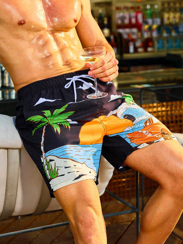 Men's Palm Tree Print Drawstring Waist Beach Shorts