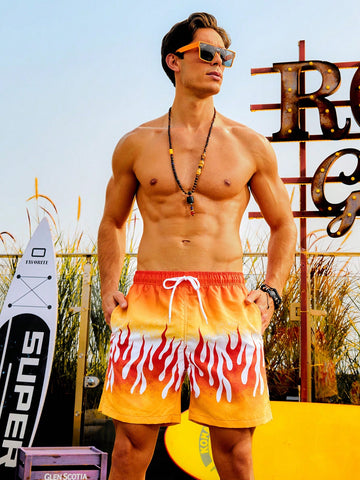 Men's Flame Print Beach Shorts With Diagonal Pockets