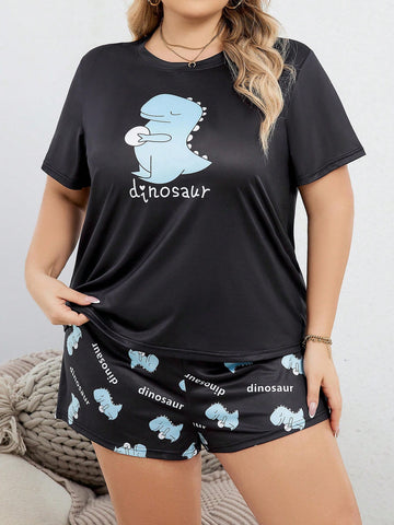 Plus Size Women's Cute Cartoon Dinosaur Print Short Sleeve Pajamas Set With Shorts