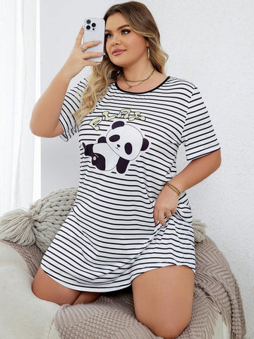 Plus Size Striped Panda Print Sleepwear Dress