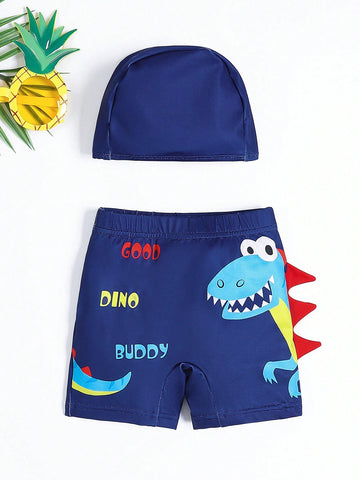 Young Boy Cute Dinosaur Animal & Letter Print Holiday Tight Swimming Trunks & Swim Cap Suit, 2pcs/Set