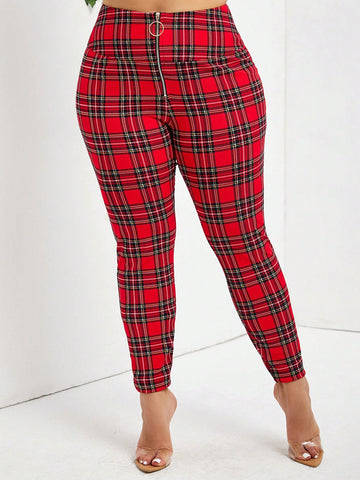 Plus Size Knitted Leggings With Plaid Pattern And Front Zipper