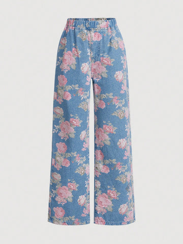 Tween Girls' Floral Print Elastic Waist Jeans,Spring Summer Boho Deinm Printed Pants