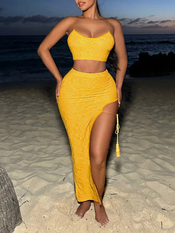 Beach Vacation Outfits Ladies' Sexy Spaghetti Straps Top & Slit Tie Waist Pencil Skirt Texture Set