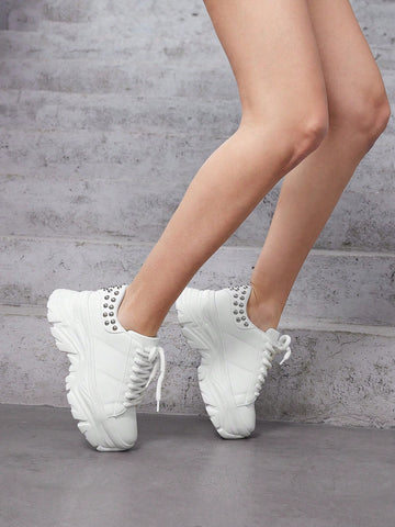 Women'S Sneakers Fashionable Casual Shoes, Thick Soles, White Color, Rivets, Laces, Y2k Pu Material, Street Style