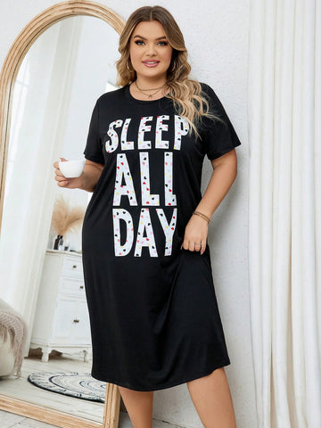 Plus Size Women's Casual Simple Letter Printed Mid-Length Dress
