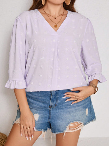 Plus Size Polka Dot & Lace Texture Fabric V-Neck 5/18 Sleeve Romantic Dating Casual Wedding Guest Spring/Summer Light Purple Blouse