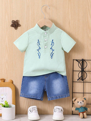 2pcs/Set Baby Boy's Spring Summer Fashionable Embroidered Short Sleeve Top And Denim Shorts Outfit