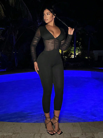 Sexy Summer Women's Outfit For Spring Break And Summer (Black Sheer Mesh Long Pants) Women's Tight Jumpsuit