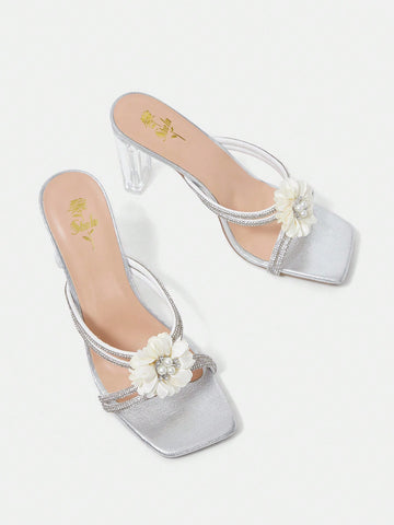 Ladies Peep Toe High Heel Sandals With Camellia Decoration, Clear Chunky Heels
