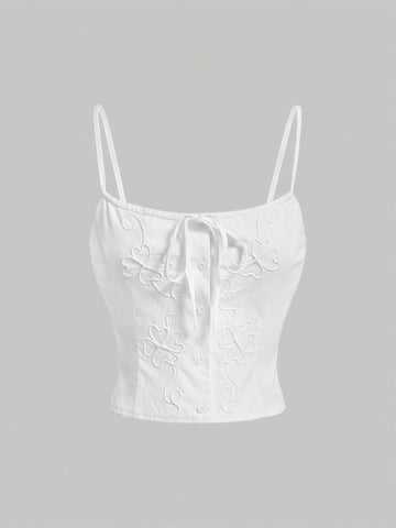 Embroidered White Slim Fit Camisole Top For Summer