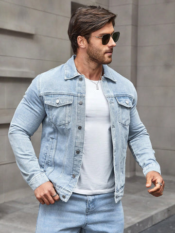 Men's Long Sleeve Flap Pocket Denim Jacket