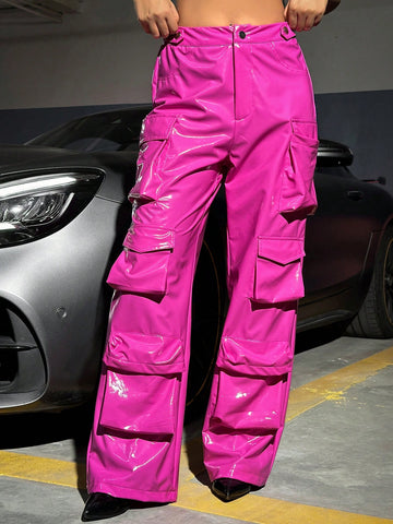 Solid Color Wide Leg Cargo Pants With Flap Pockets