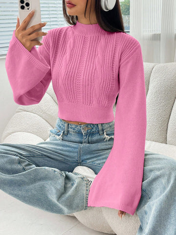 Ladies' Stand Collar Long Sleeve Cropped Knit Sweater