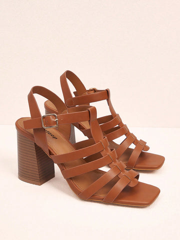Women's Simple Striped Brown Retro Spring And Summer Solid Color, Fashionable High-Heeled Sandals