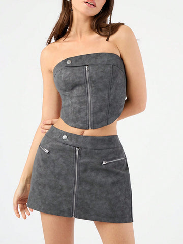Women's Zipper Front Bandeau Top And Skirt Set