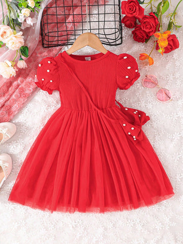 Young Girl Cute Princess Style Beaded Puff Sleeve Mesh Dress, Decorated With Bowknot, Suitable For Party