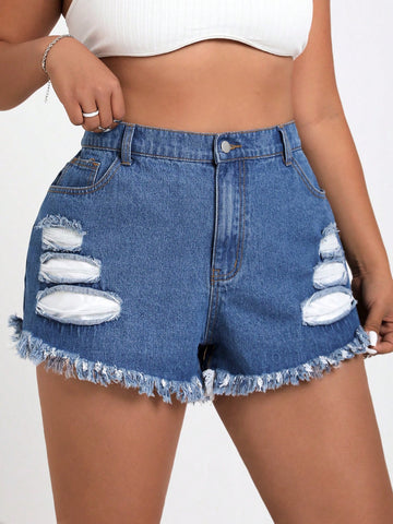 Plus Size Frayed Hole Design Denim Mini Shorts Without Elasticity