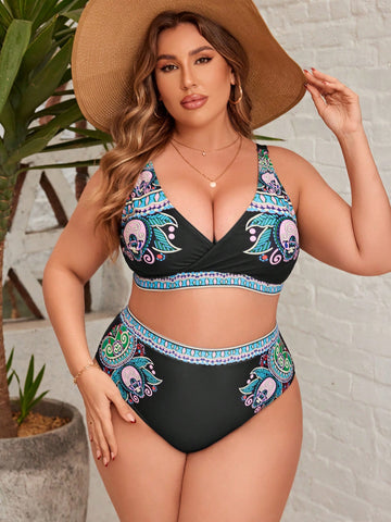 Plus Size Deep V-Neck Printed Two-Piece Swimsuit Set