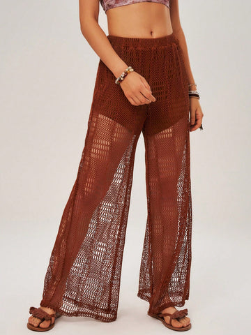 Vacation Elastic Waist Hollow Out Long Pants