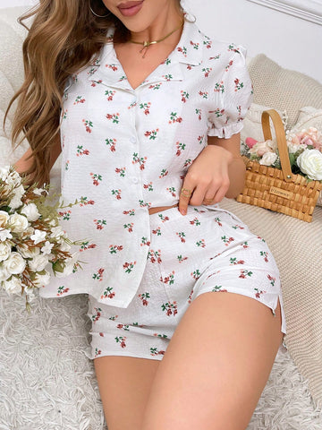 Floral Print Puff Sleeve Short Sleeve Top And Shorts Pajama Set, Summer