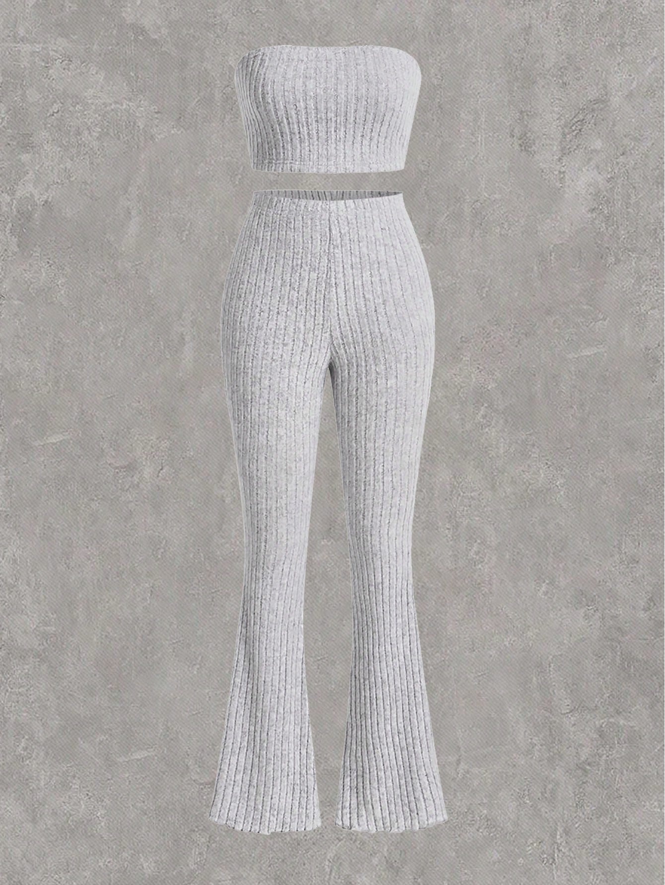 Plus Size Solid Ribbed Knit Tube & Boot Cut Pants Casual Two Piece Set
