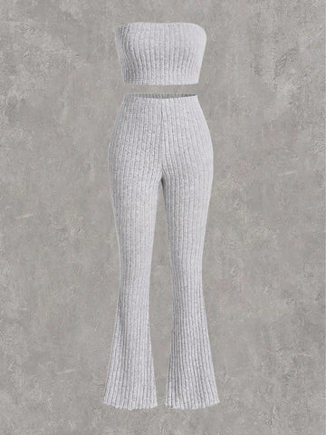 Plus Size Solid Ribbed Knit Tube & Boot Cut Pants Casual Two Piece Set