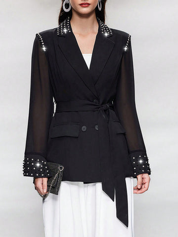 Ladies' Contrast Collar & Rhinestone Decor Mesh Long Sleeve Blazer