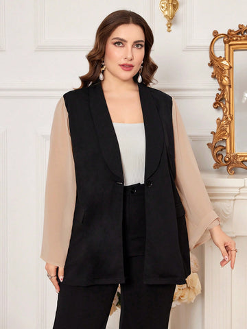 Plus Size Women's Shawl Collar Colorblock Long Sleeve Blazer Coat