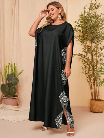 Plus Size Women's Floral Print Batwing Sleeve Woven Dress
